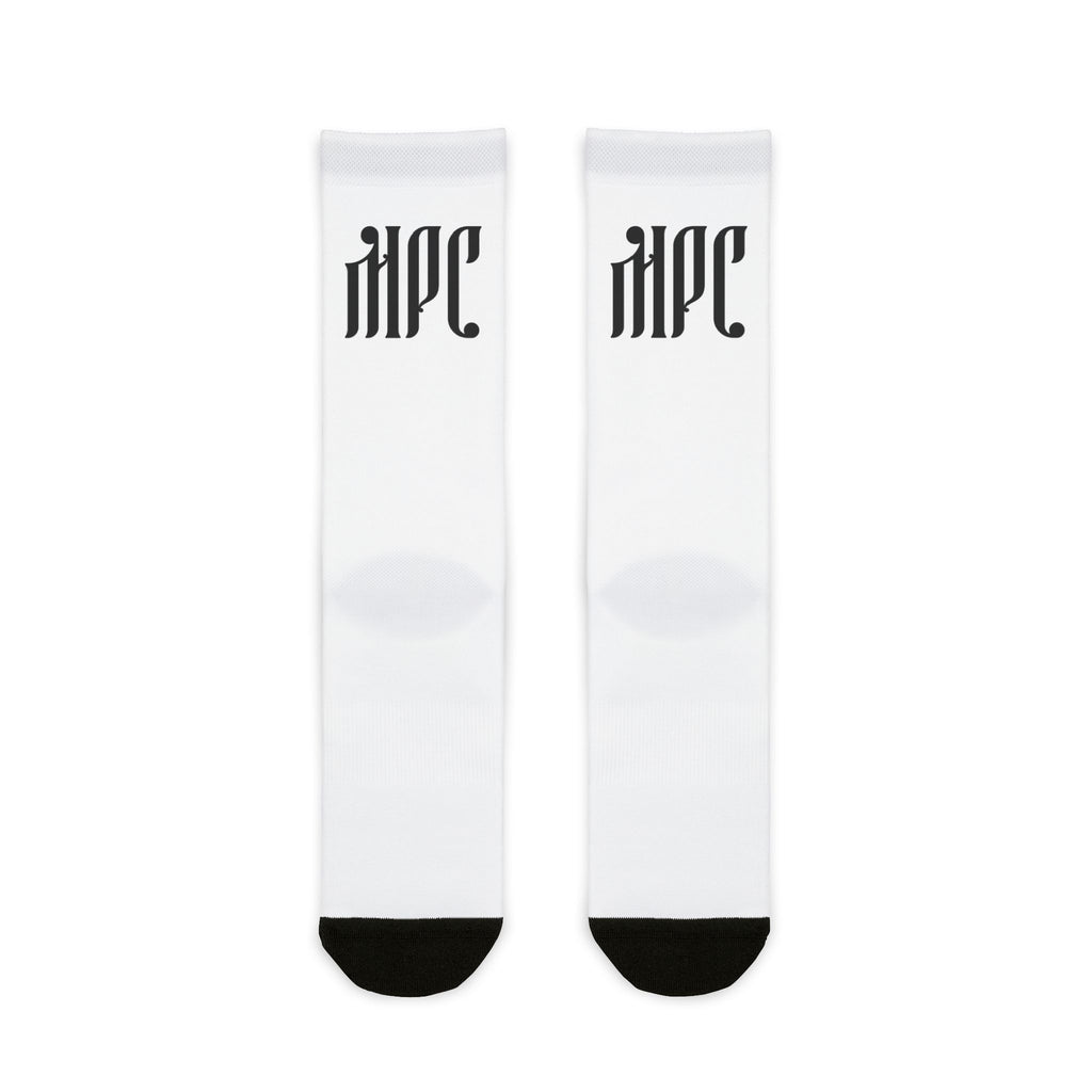 White Sublimation Crew Socks with Minimal Black Accent (Text Logo)