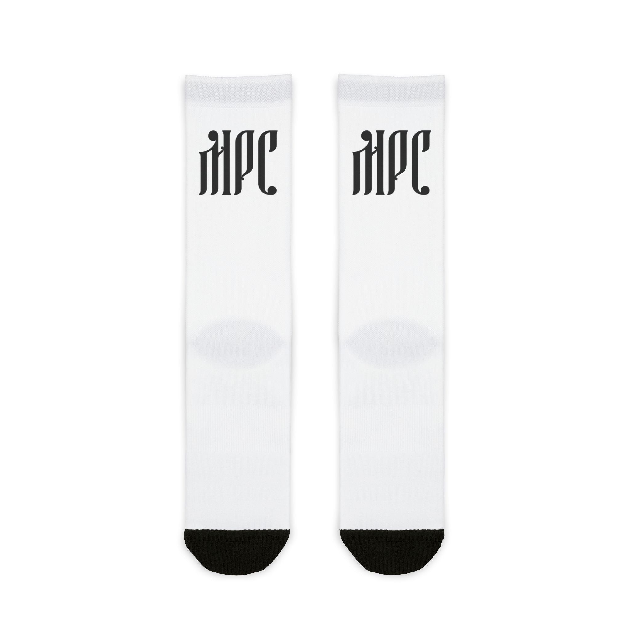 White Sublimation Crew Socks with Minimal Black Accent (Text Logo)