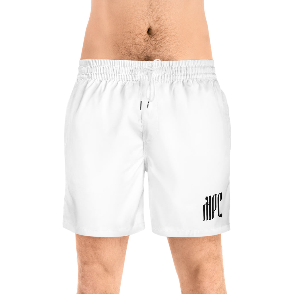 Men's White Mid-Length Swim Shorts with Minimal Black 'NPC' Logo — Casual Beach & Pool Trunks