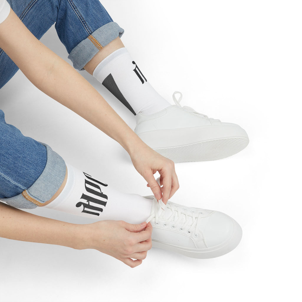 White Sublimation Crew Socks with Minimal Black Accent (Text Logo)