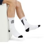 White Sublimation Crew Socks with Minimal Black Accent (Text Logo)