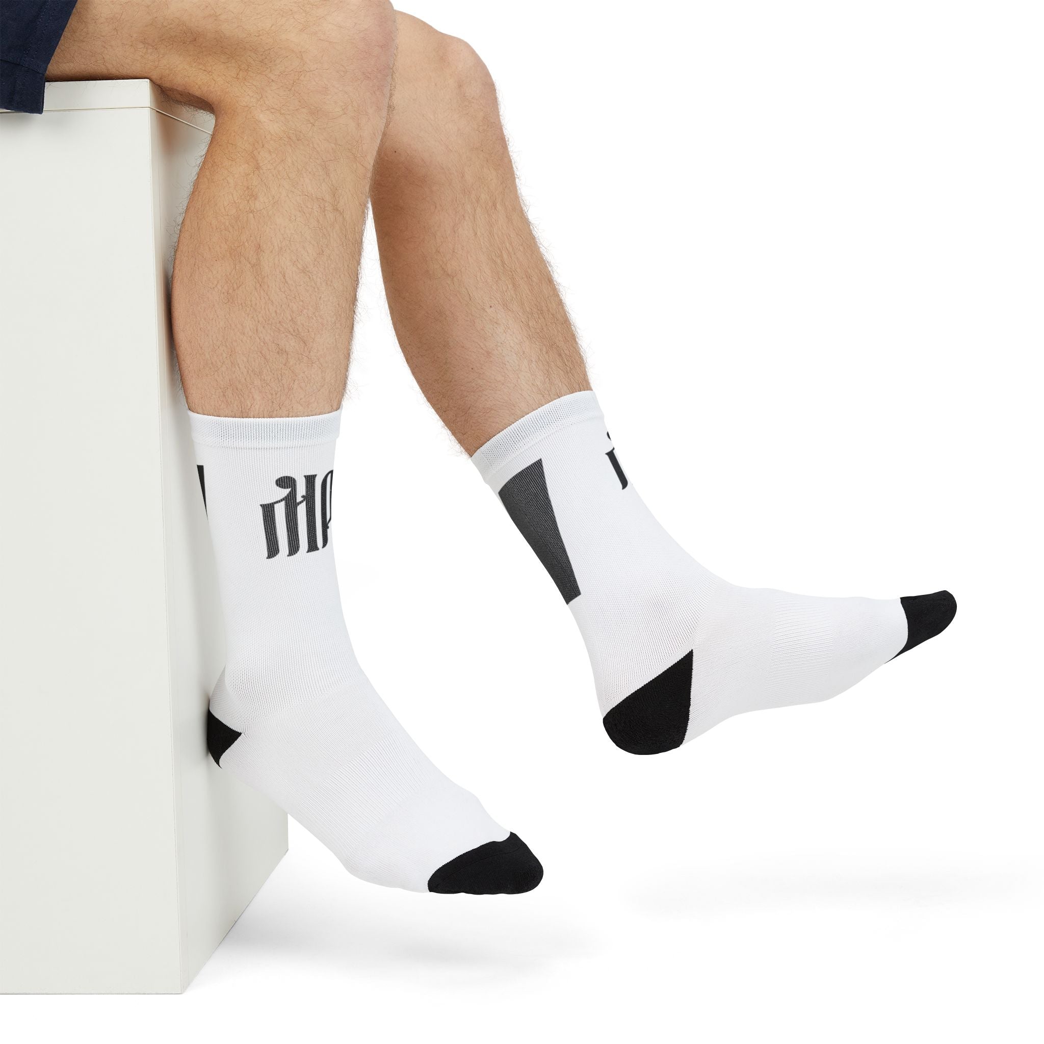 White Sublimation Crew Socks with Minimal Black Accent (Text Logo)