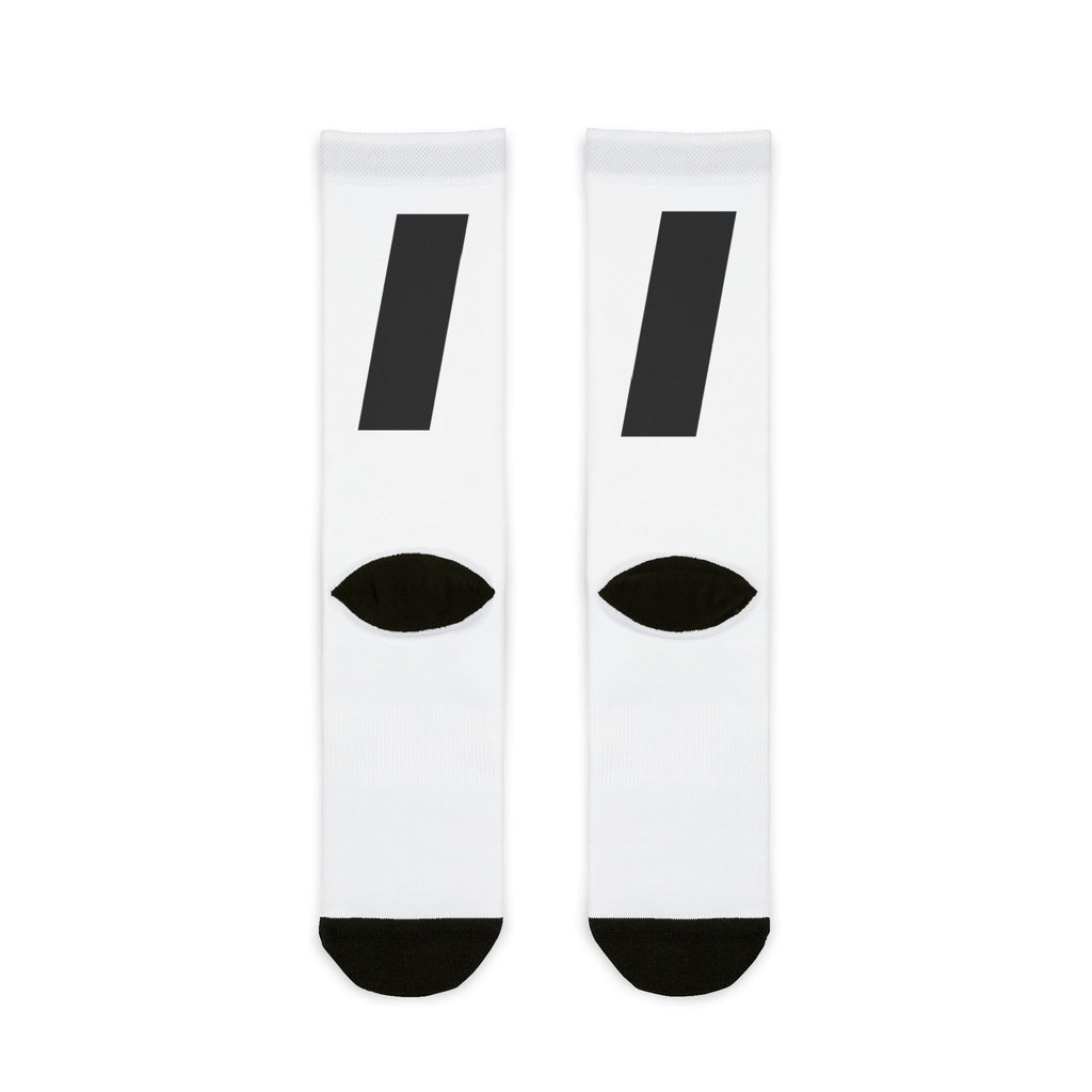 White Sublimation Crew Socks with Minimal Black Accent (Text Logo)
